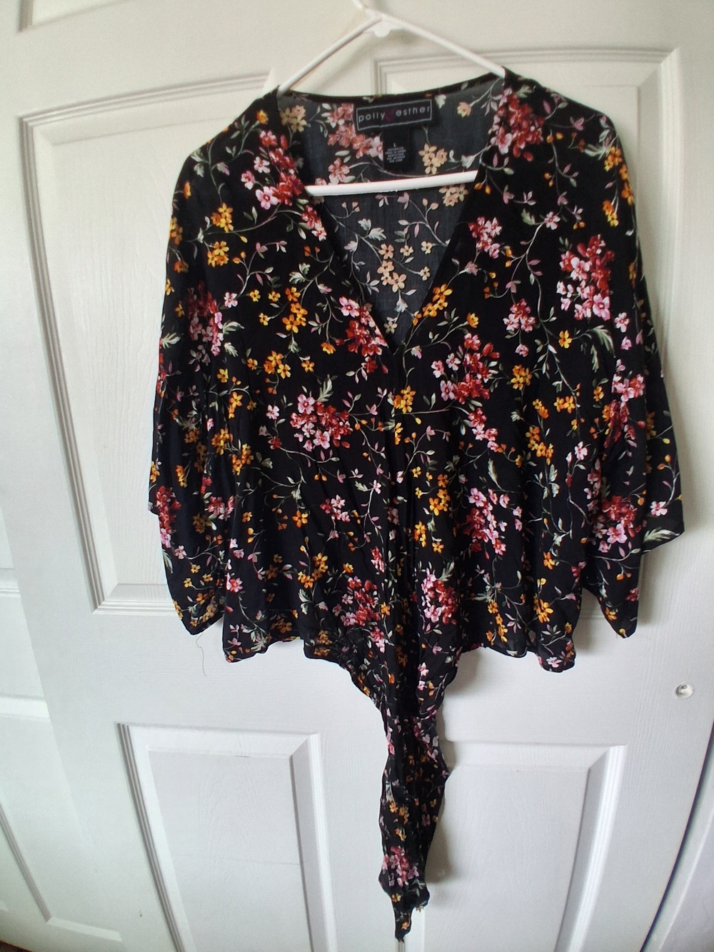 Polly & Esther Black Floral Tie-Front Blouse with Pink and Yellow Blossoms